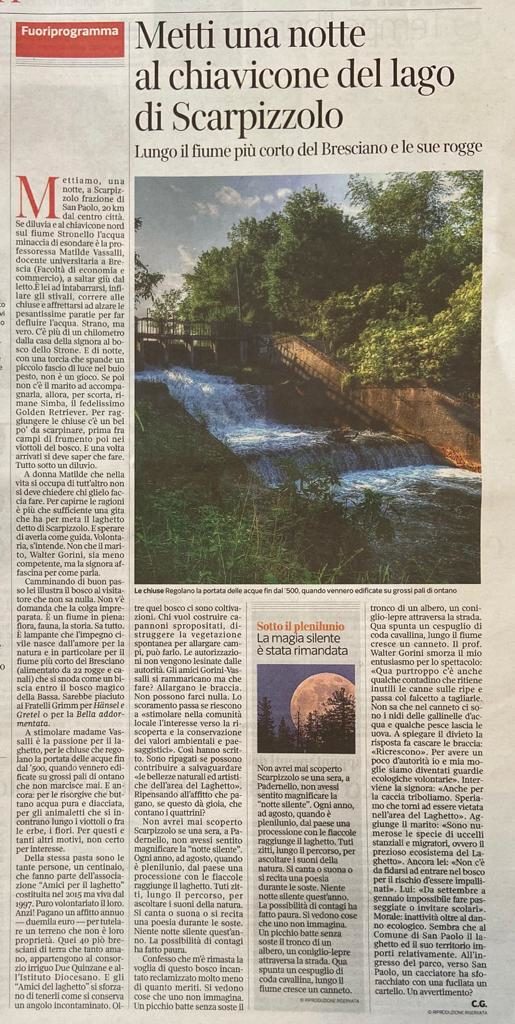 Articolo del Corriere della Sera - Brescia sul Laghetto del 22 agosto 2020